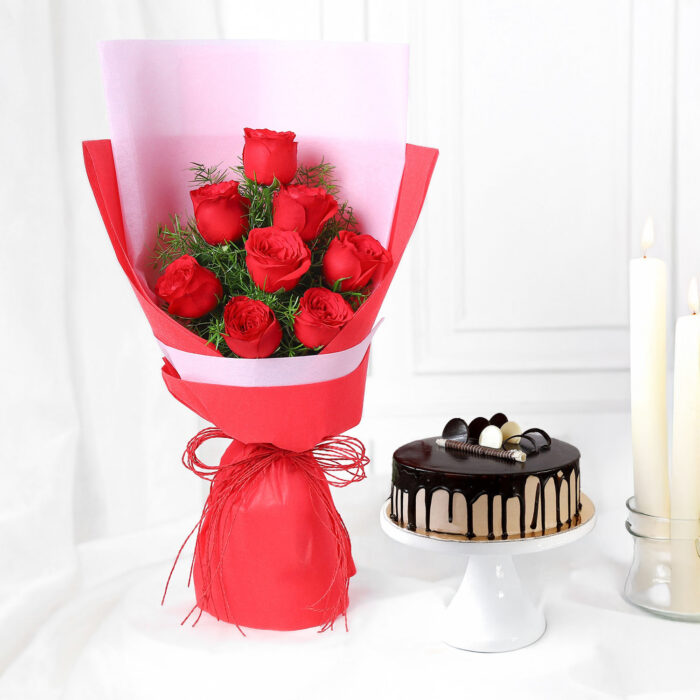8 Red Roses Bouquet with Chocolate Cream Cake Combo