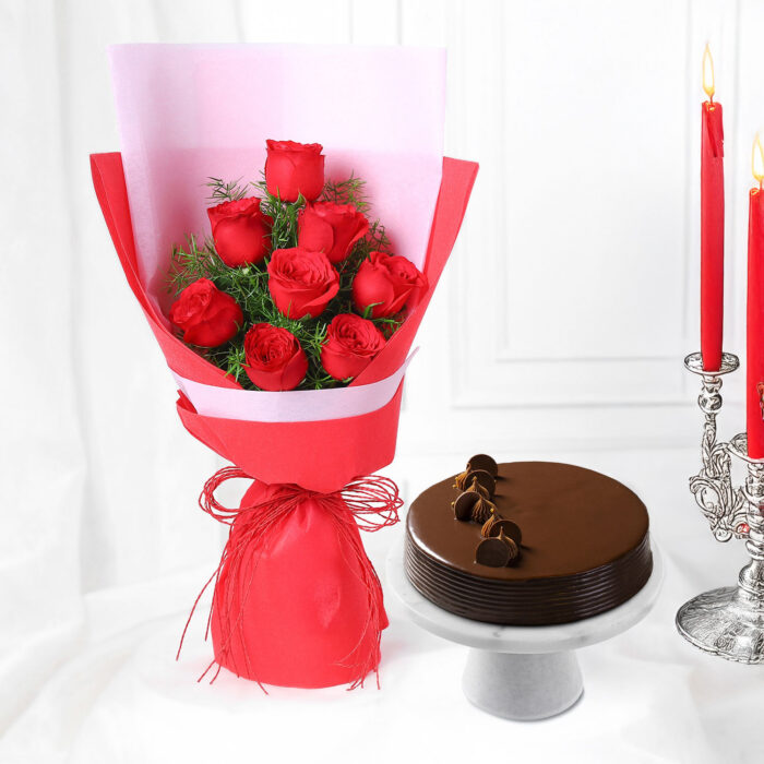 Red Roses Bouquet with Truffle Cake Combo