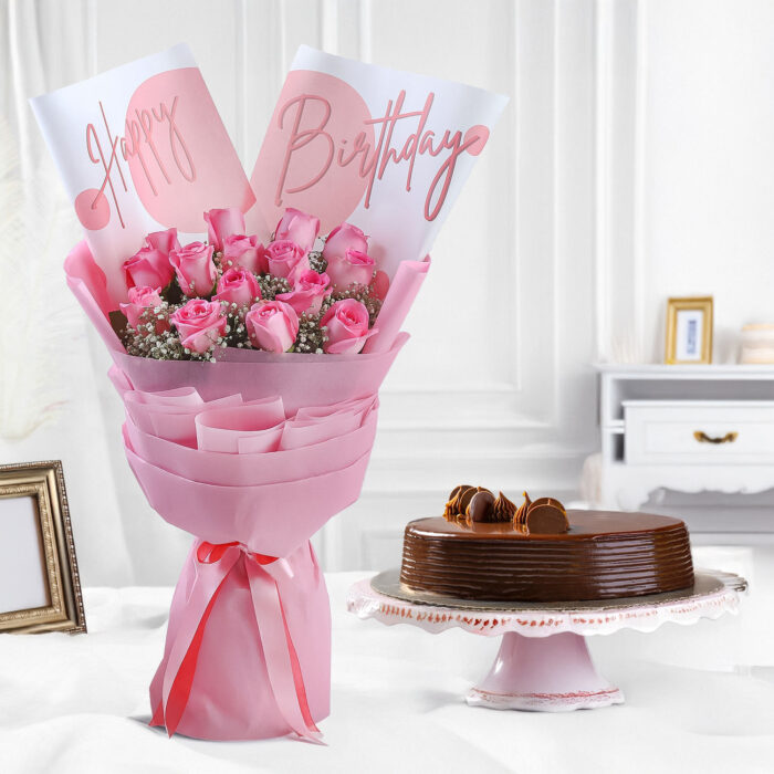 Pink Roses Bouquet with Truffle Cake Combo